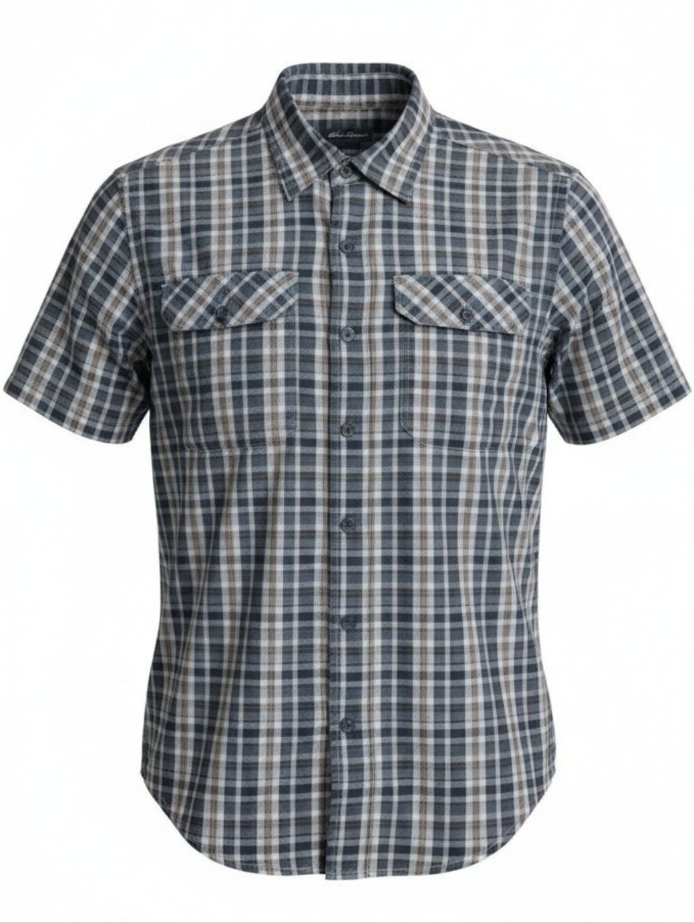 Eddie Bauer men's plaid button down shirt short sleeve gray tan white medium